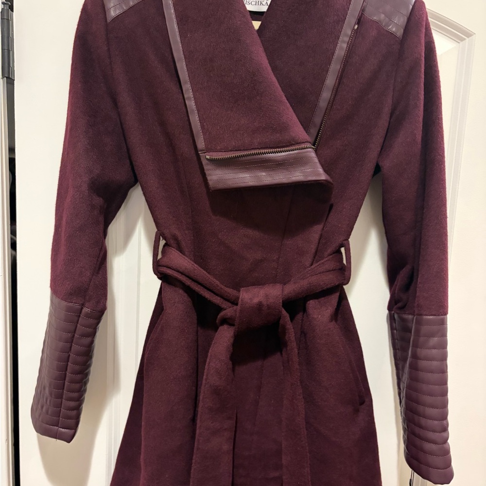 Badgley Mischka Burgundy Coat with Leather Accents NWT - Picture 2 of 13
